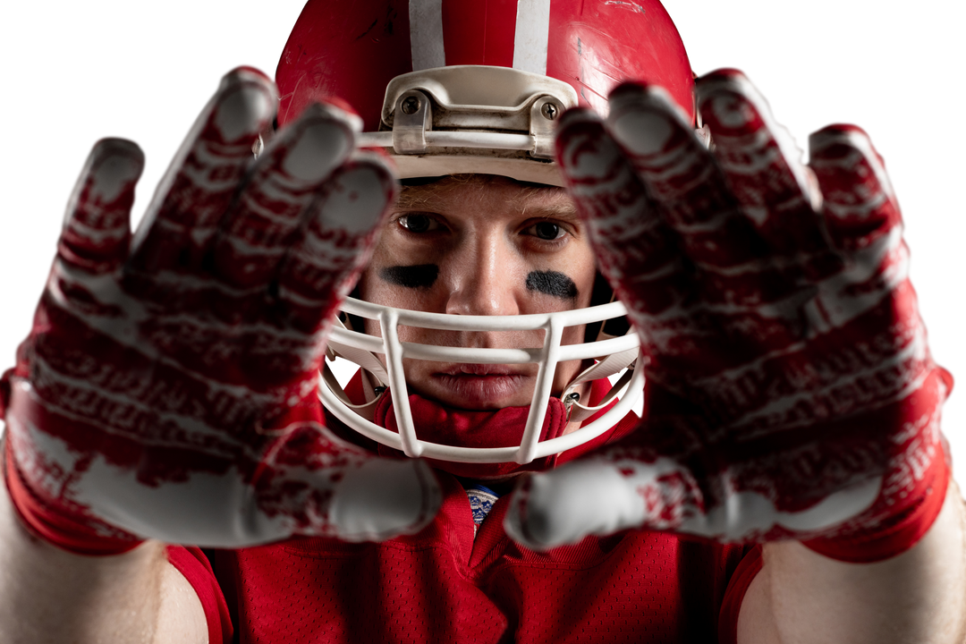 Transparent close-up of young American football player in red helmet pointing hands forward - Download Free Stock Images Pikwizard.com