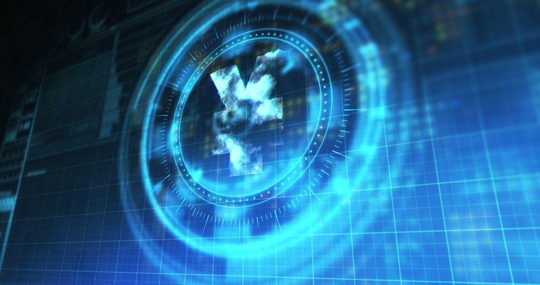 Rotating Yen Symbol in Futuristic Digital Environment