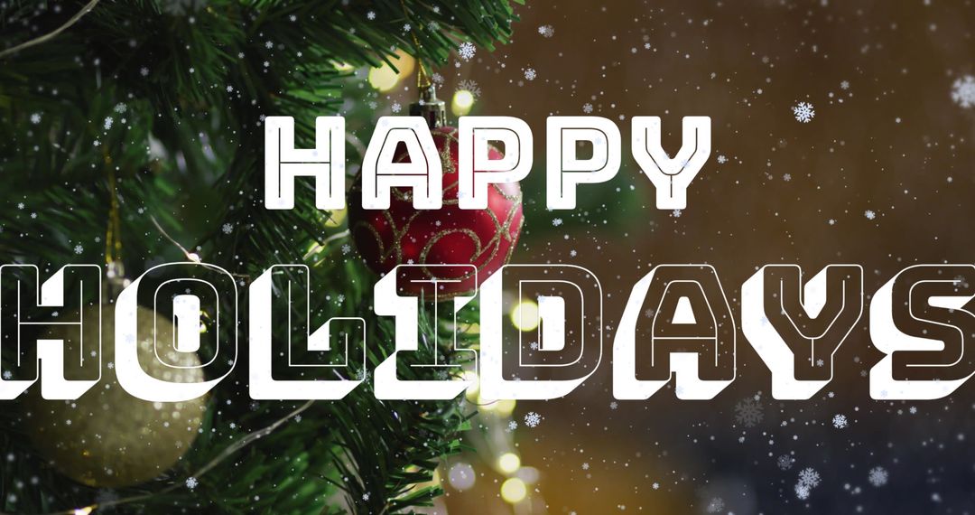 Festive Holiday Baubles on Christmas Tree with Snowflake Overlay