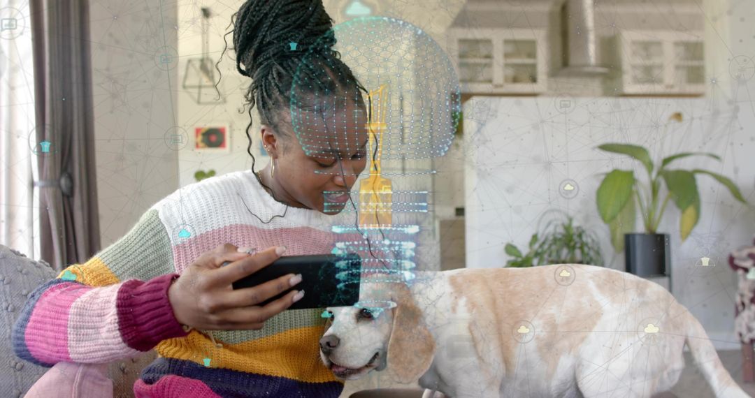 Smiling Woman Bonding with Beagle and Exploring Smart Technology at Home