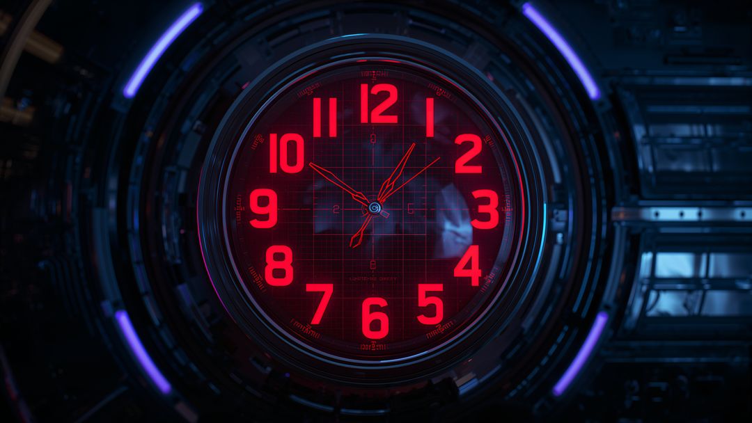 Futuristic Red Glowing Clock in High-Tech Interface