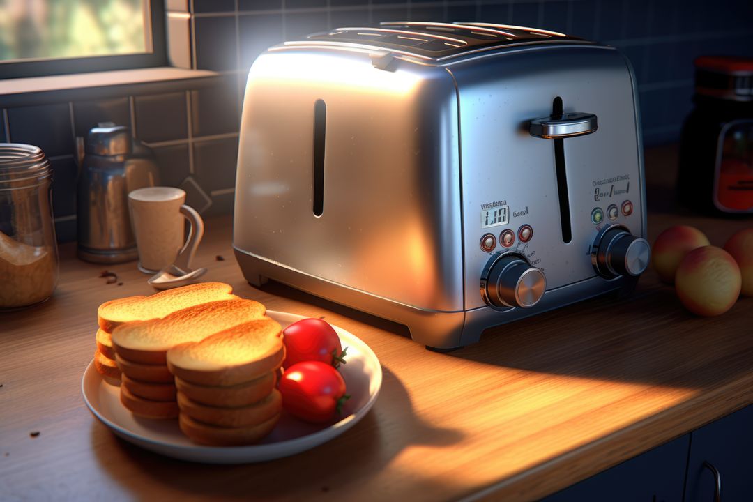 Retro silver toaster with toasts on wood surface in kitchen, created using generative ai technology - Free Images, Stock Photos and Pictures on Pikwizard.com