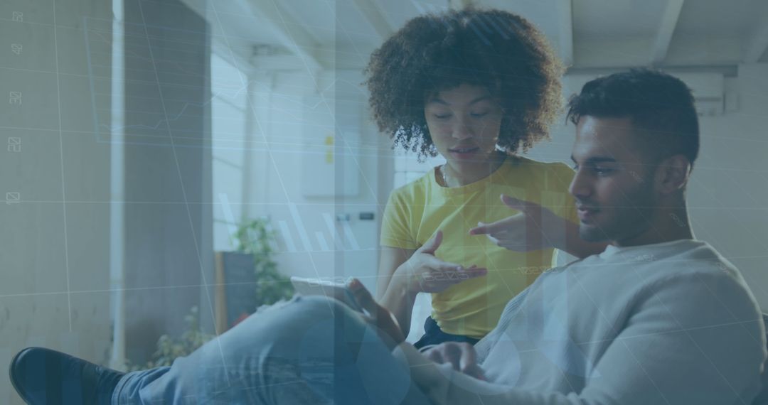 Diverse Professionals Collaborate with Digital Data Interfaces