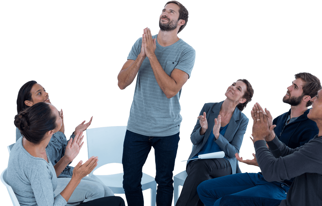 Transparent Group Supporting Standing Man in Rehab Session