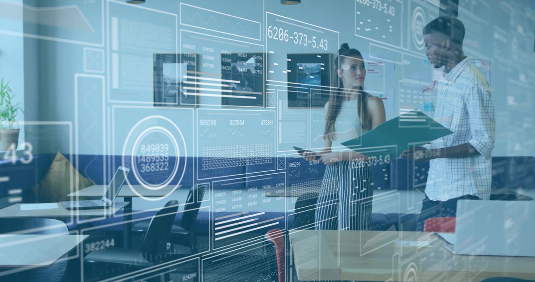 Colleagues Discuss Augmented Reality Data in Innovative Office Environment