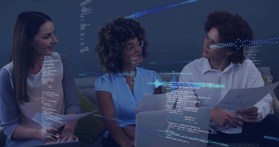 Diverse Team Brainstorming with Digital Interfaces in Modern Office