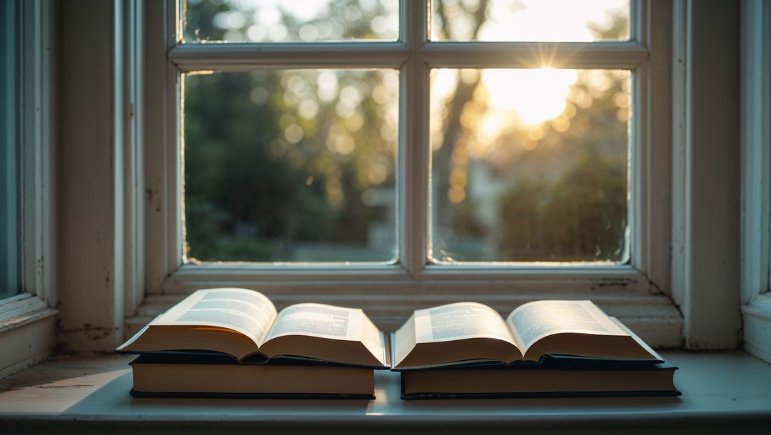 Two Open Books on Sunlit Windowsill Creating Calming Atmosphere