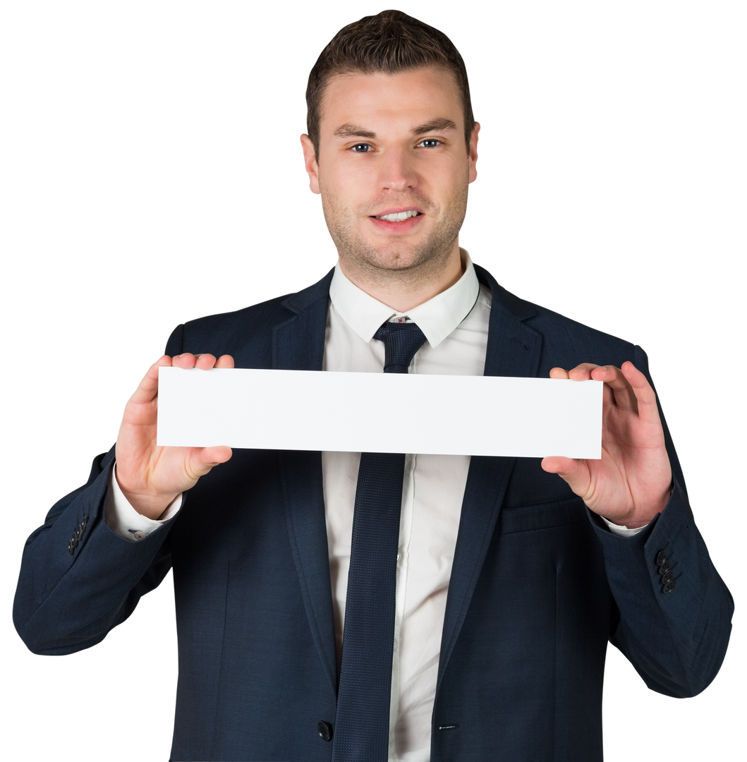 Happy businessman displaying blank card on transparent background - Download Free Stock Images Pikwizard.com