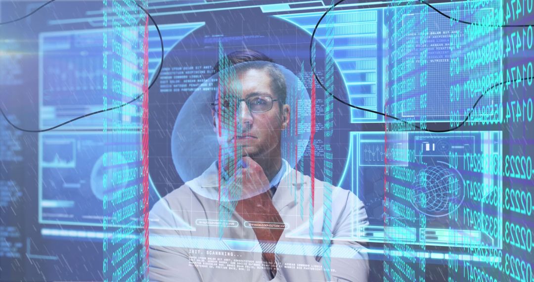 Male Scientist Analyzing Holographic Data in Futuristic Laboratory