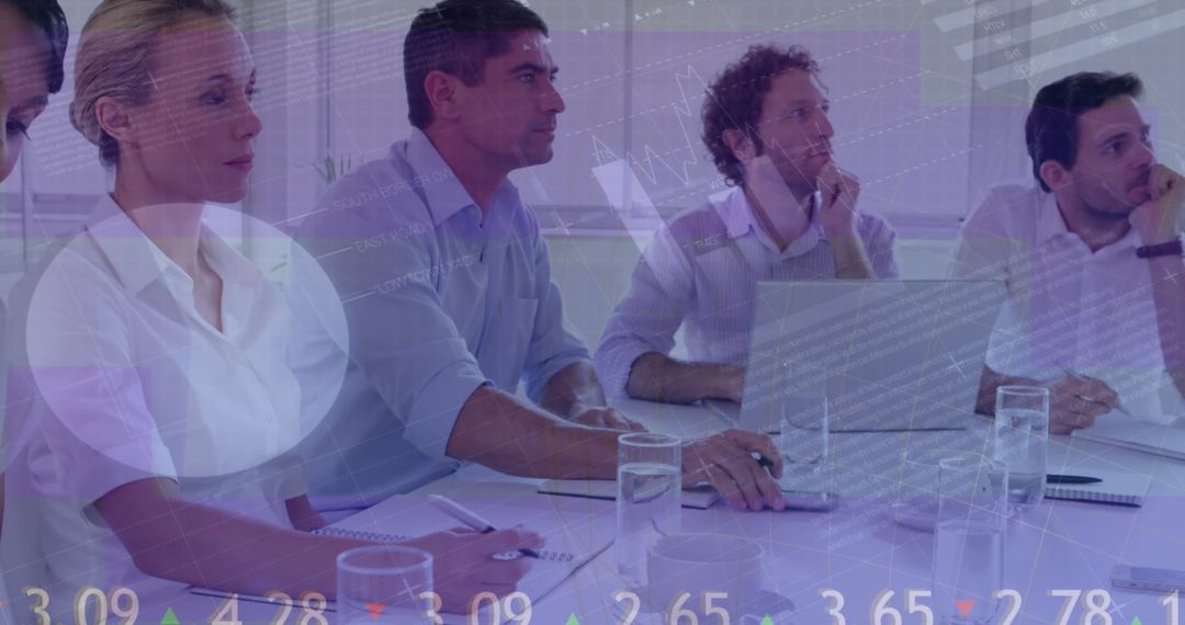 Diverse Business Team in Strategy Meeting with Data Overlay