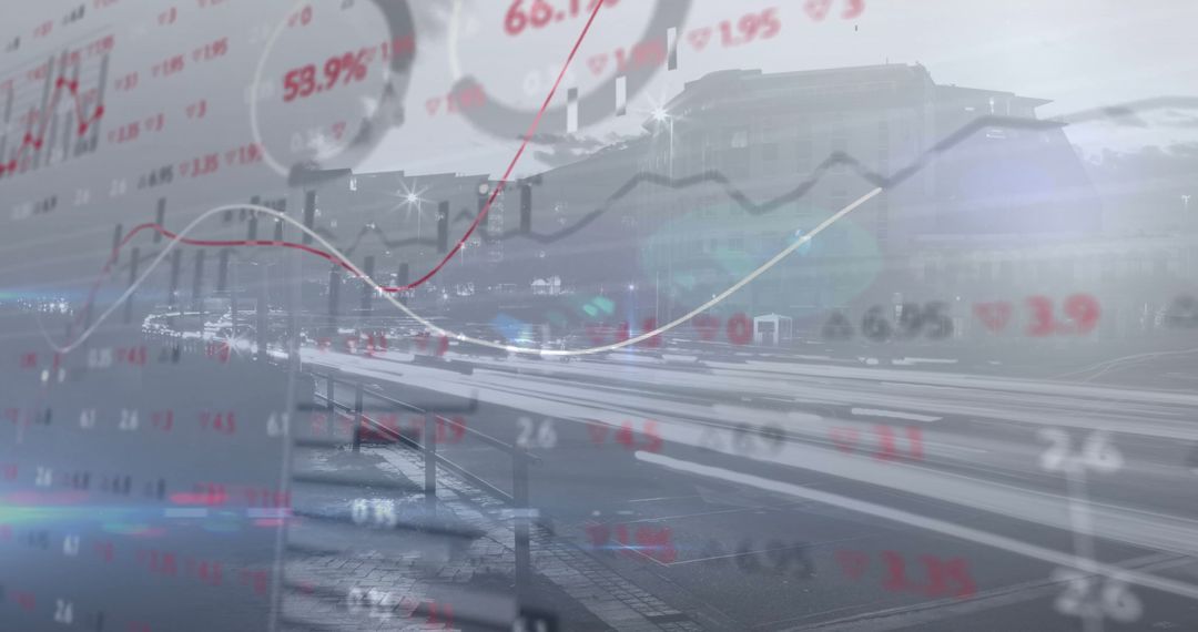 Cityscape With Financial Data Overlay and Light Trails