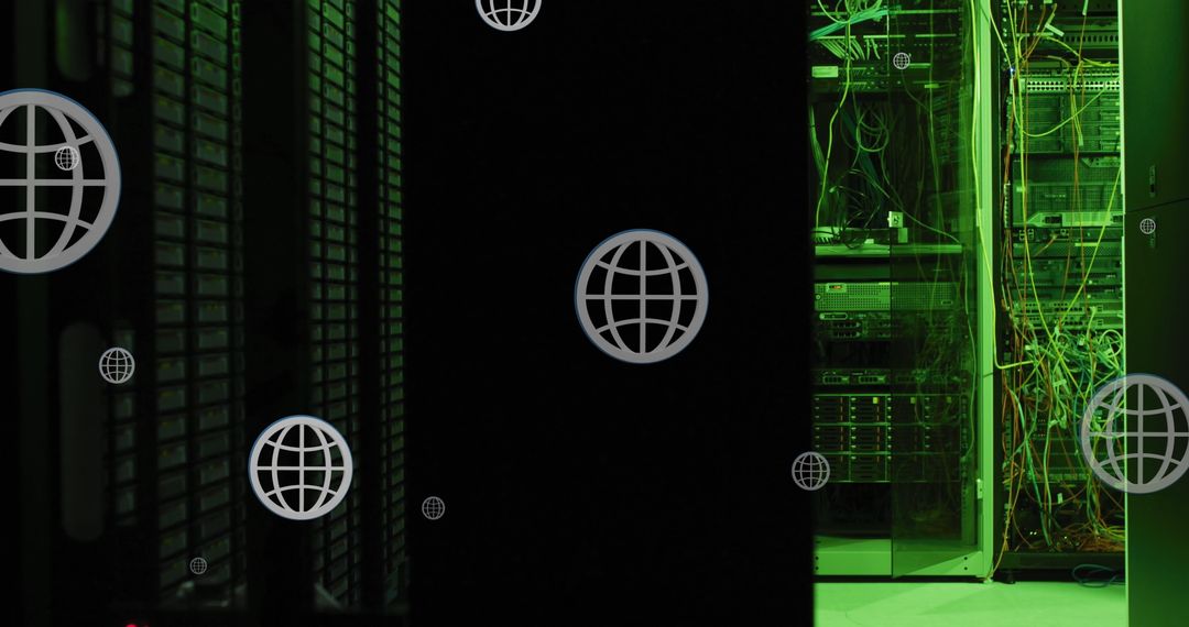 Digital Globes Over Data Server Room Illustration