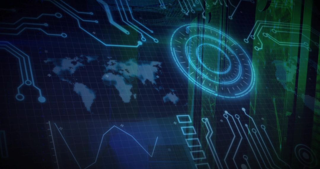 Futuristic Digital Interface with Holographic World Map and Data Visualization