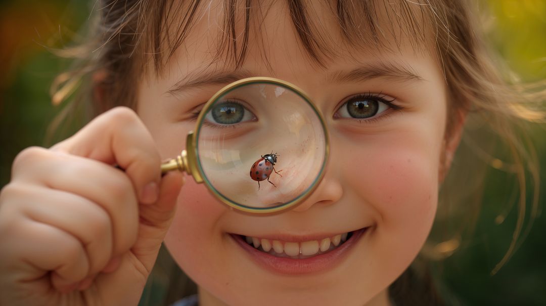 Curious Child Discovering Ladybug Through Brass Magnifying Glass Smiling Close-up