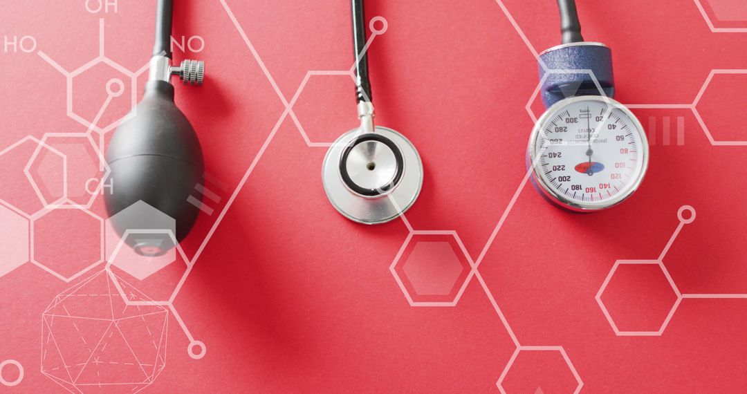 Health Tech Concept with Stethoscope and Pressure Gauge on Abstract Background