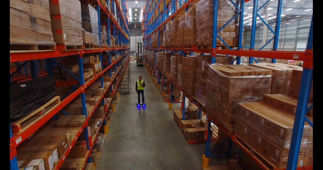 Worker Navigating Warehouse Aisles on Hoverboard Amongst Shelves of Stored Goods - Free Images, Stock Photos and Pictures on Pikwizard.com