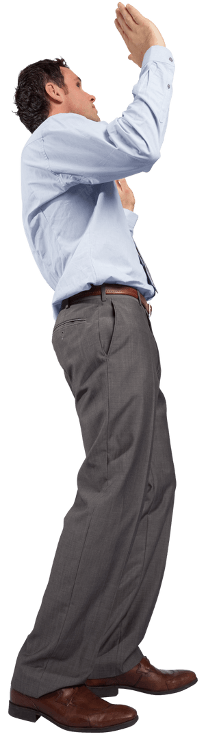 Transparent Businessman with Raised Hands in Professional Attire