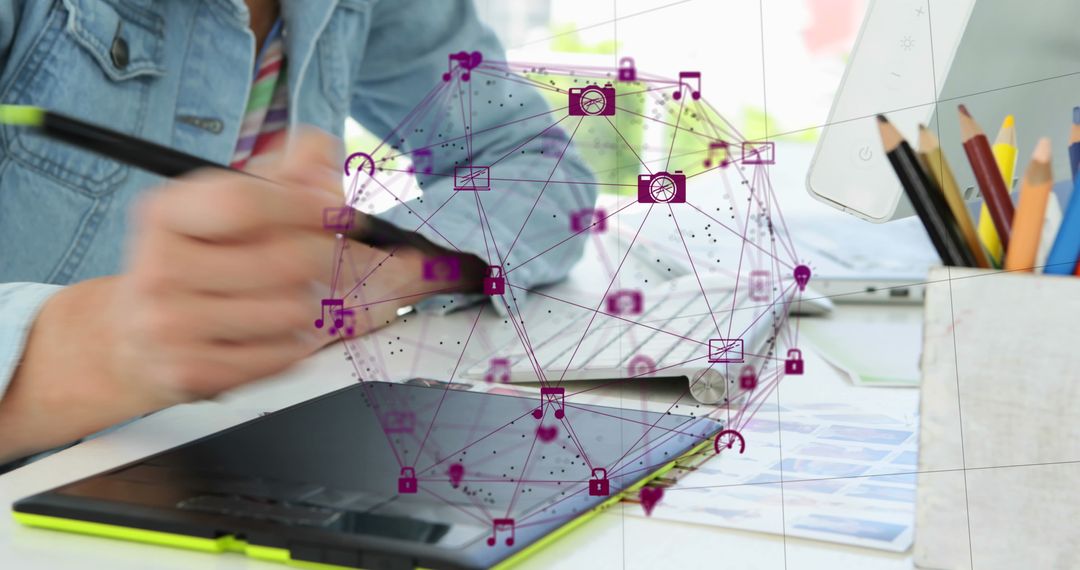 Artist Using Digital Stylus on Tablet with Futuristic Interface