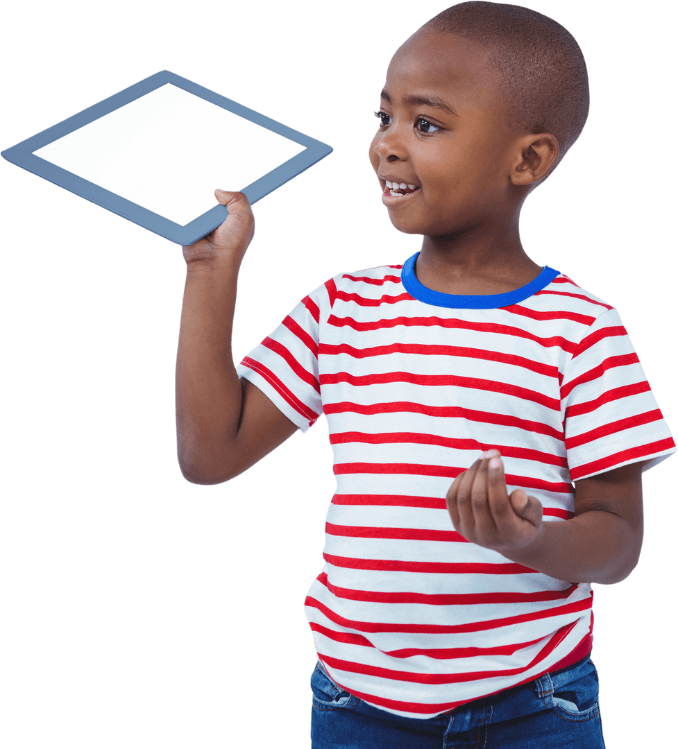 Cheerful Child Holding Transparent Tablet with Open Hand Gesture