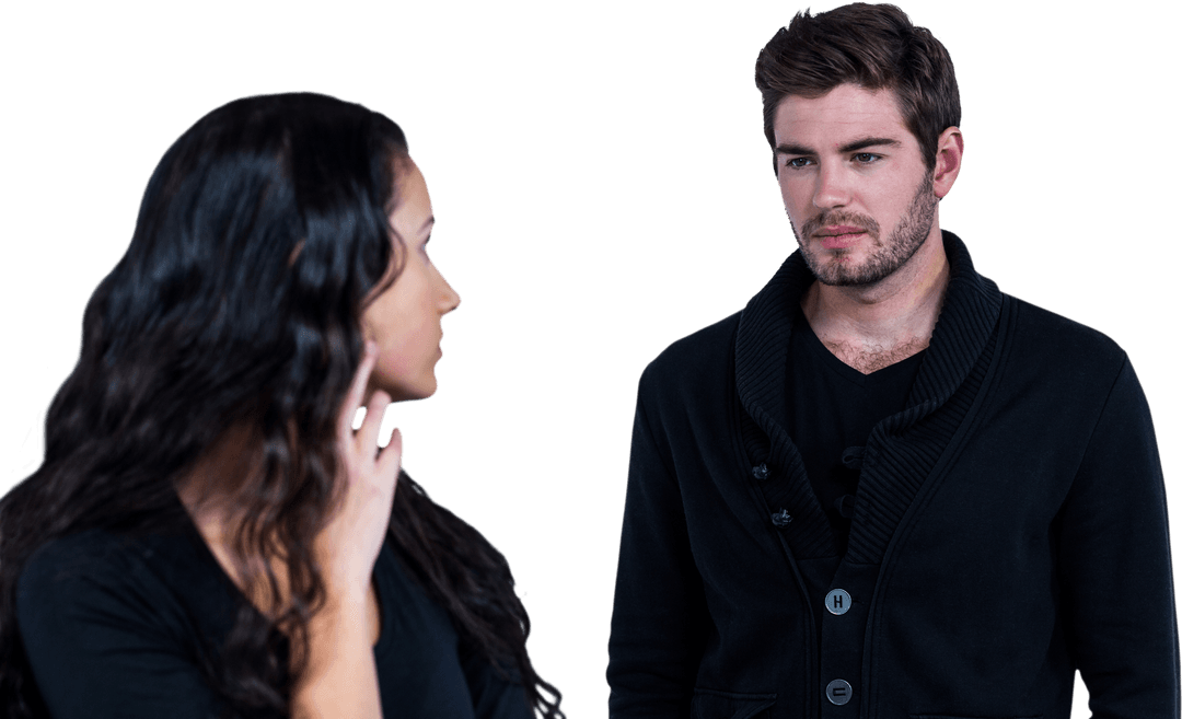 Couple Facing Each Other with Expressions on Transparent Background