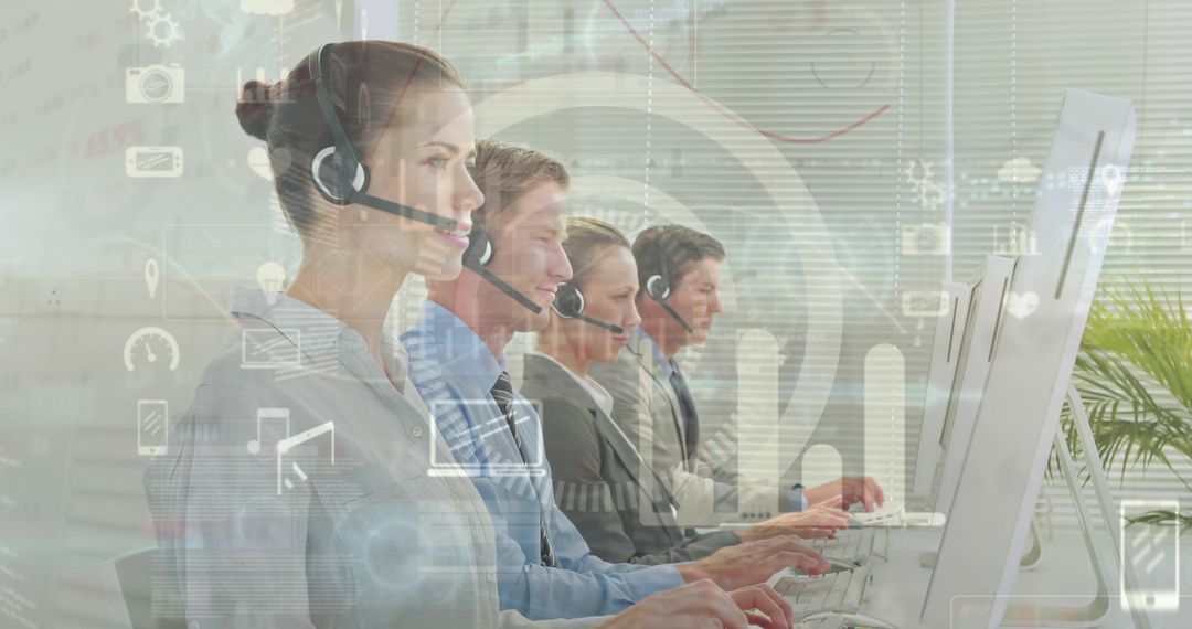 Business Team Analyzing Data with Digital Interface and Headsets