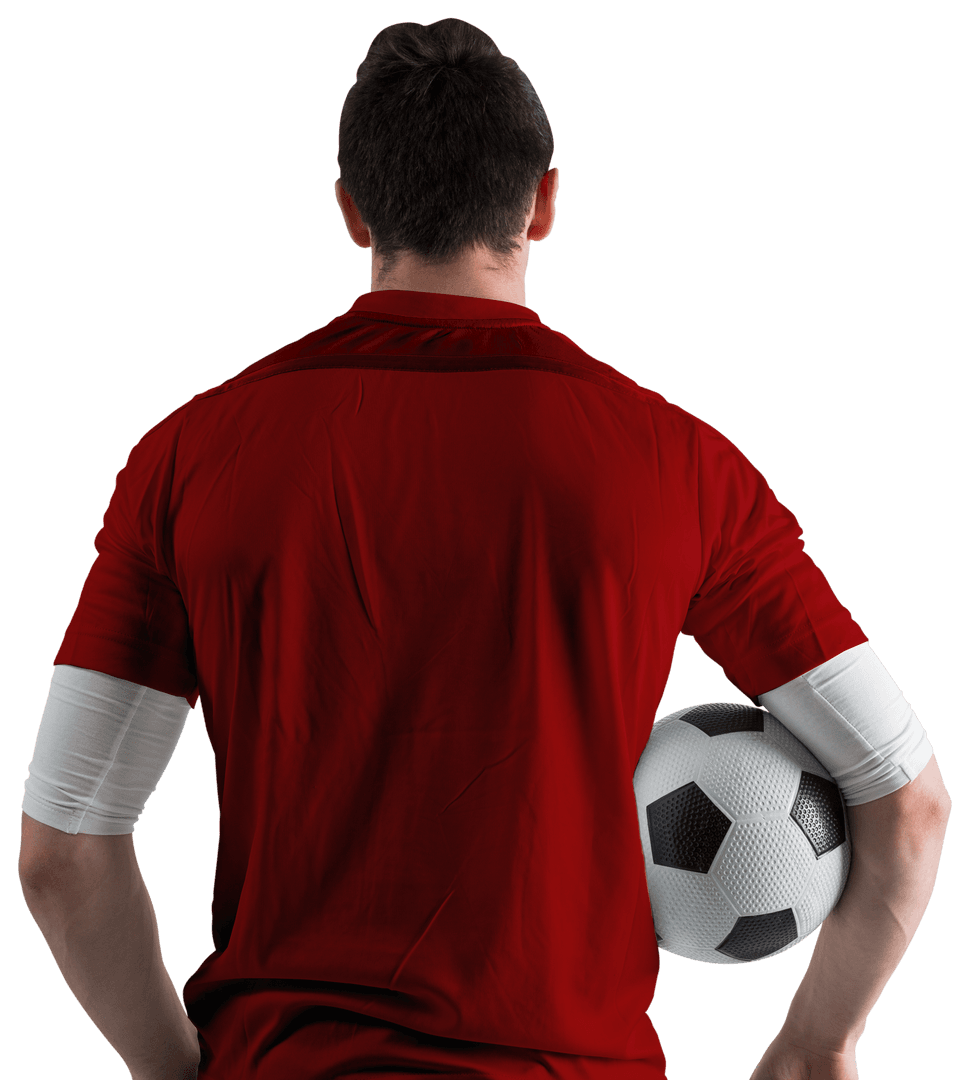 Transparent Player in Red Holding Soccer Ball Facing Away