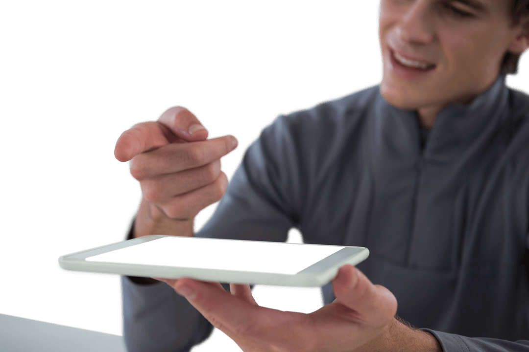 Transparent Tablet Navigation by Smiling Businessman