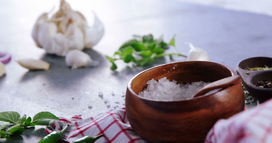 Salt Bowl with Garlic and Fresh Herbs - Free Images, Stock Photos and Pictures on Pikwizard.com