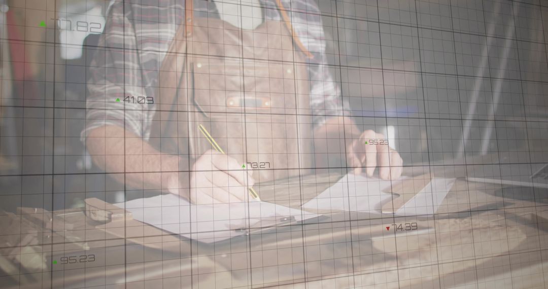 Craftsman Drawing Blueprint in Workshop Designing New Project