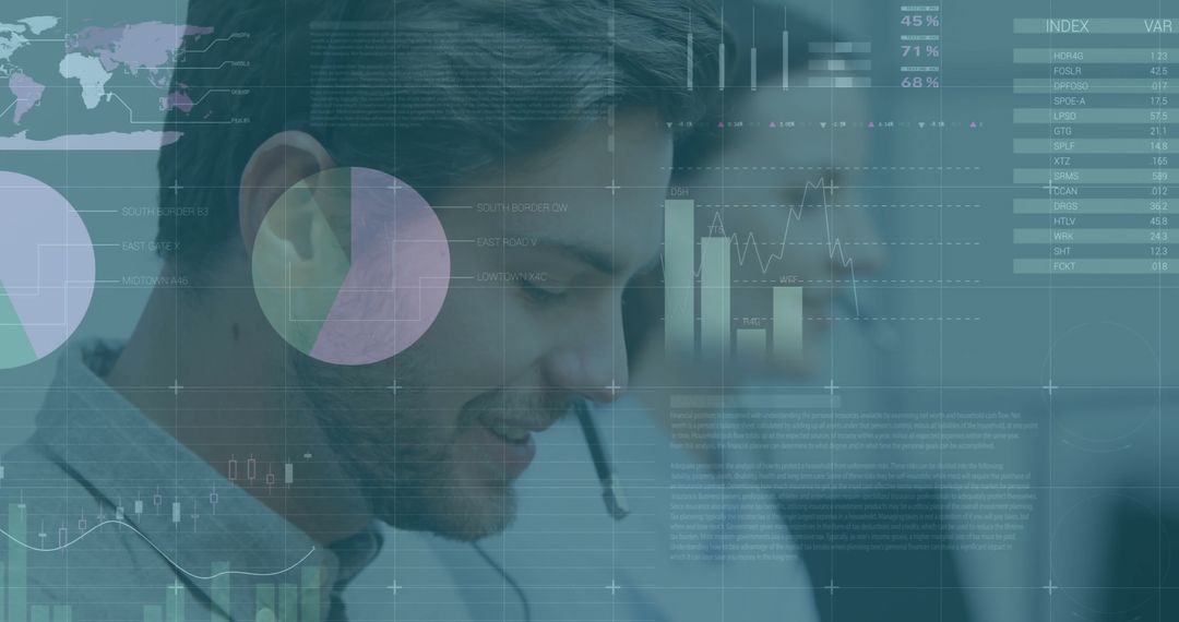 Digital Interface Overlying Financial Trading, Diverse Colleagues in Headsets