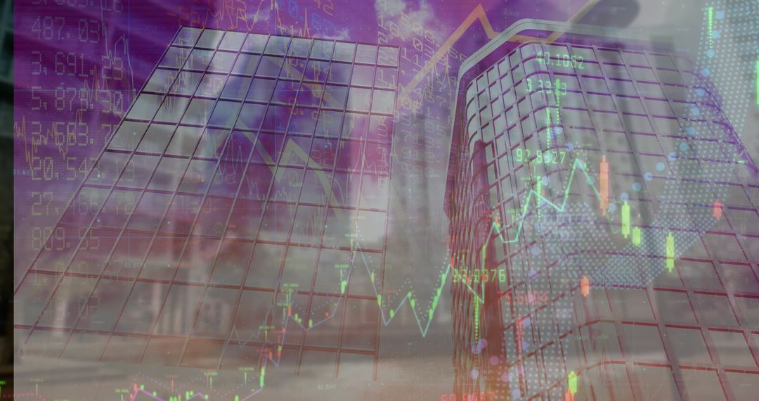 Glass Towers with Finance Graph Overlays Illustrating Market Trends
