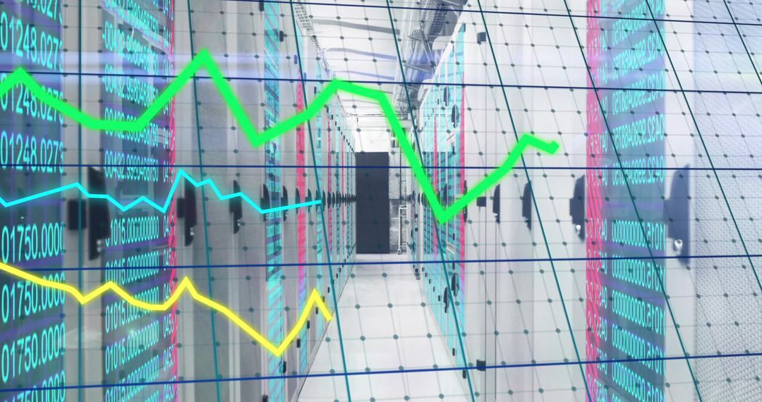 Futuristic Data Center with Digital Overlay Illustrating Analytics