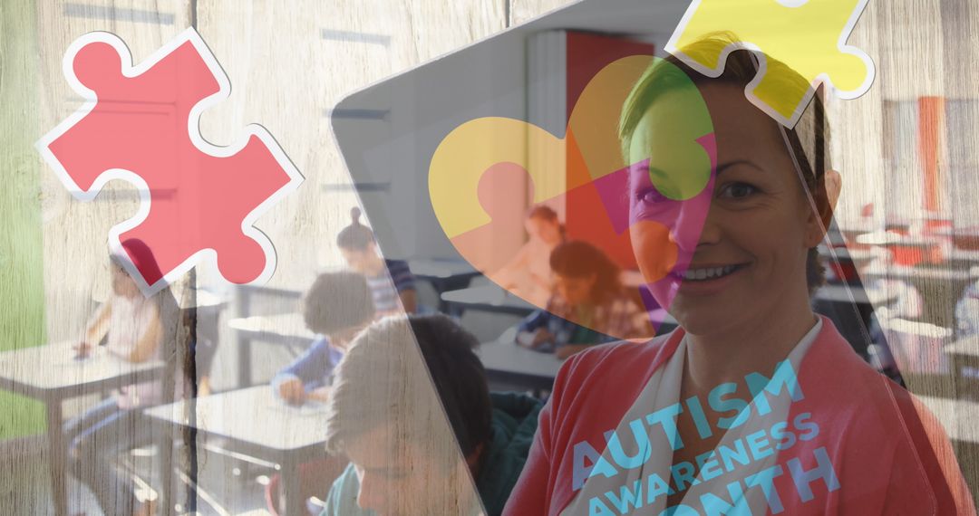 Autism Awareness Month with Teacher and Diverse Schoolchildren Using Tablet