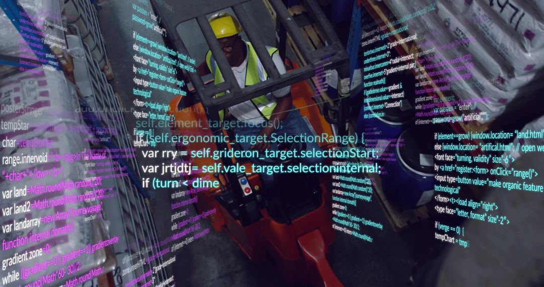 Operating pallet jack among wrapped pallet stacks with floating code overlay for warehouse