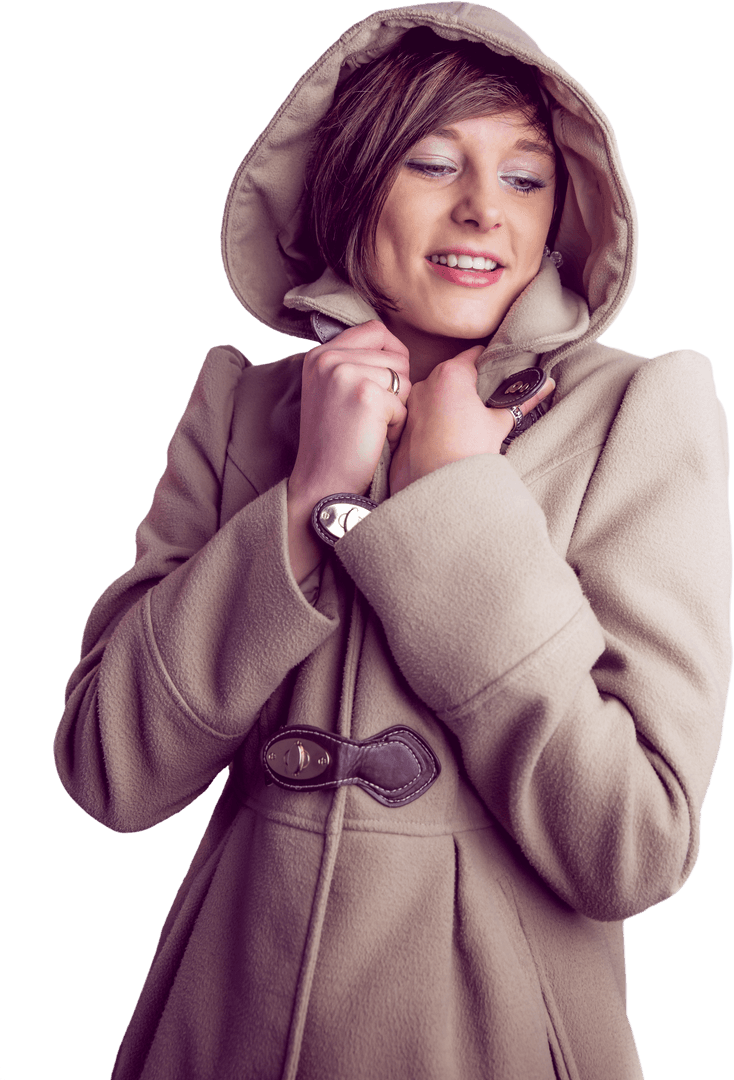 Smiling Woman in Warm Winter Coat with Hood, Transparent Background