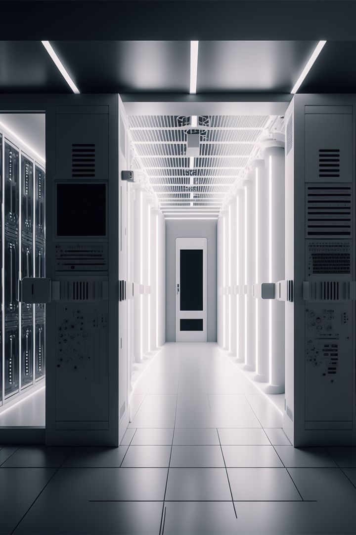Image of empty server room corridor, created using generative ai technology - Free Images, Stock Photos and Pictures on Pikwizard.com