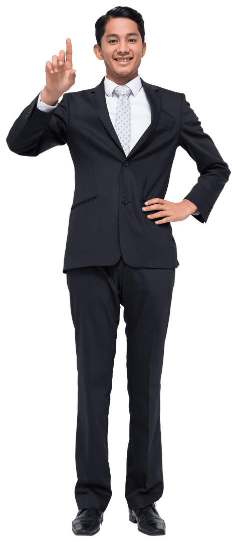 Happy Biracial Professional Businessman Pointing on Transparent Background