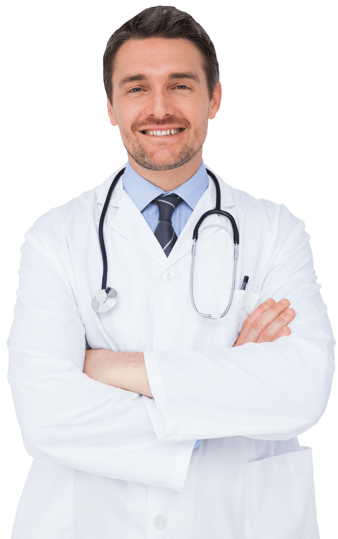 Transparent Confident Doctor Posing with Stethoscope in White Coat
