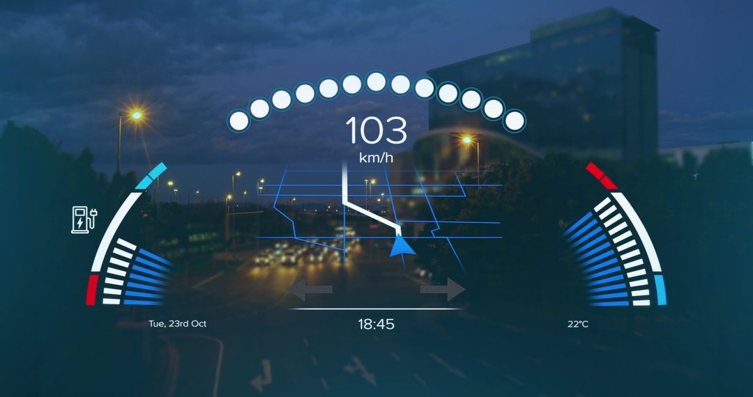 Digital Interface with Speedometer and Cityscape Background