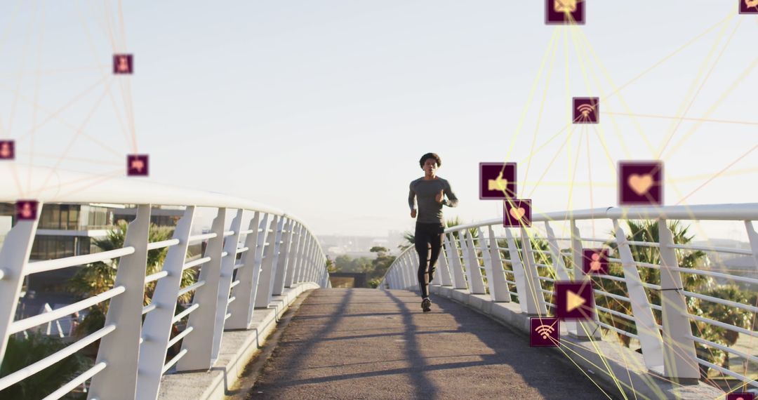 Man Running on Bridge with Digital Media Icons Overlay