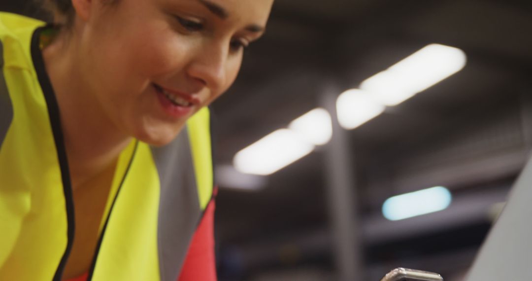 Female Worker Wearing Safety Vest Using Smartphone in Warehouse - Free Images, Stock Photos and Pictures on Pikwizard.com