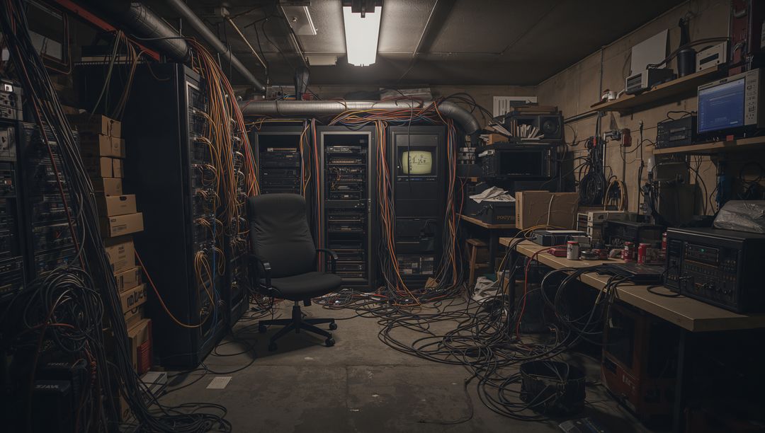 Basement Data Center with Server Racks and Cable Chaos