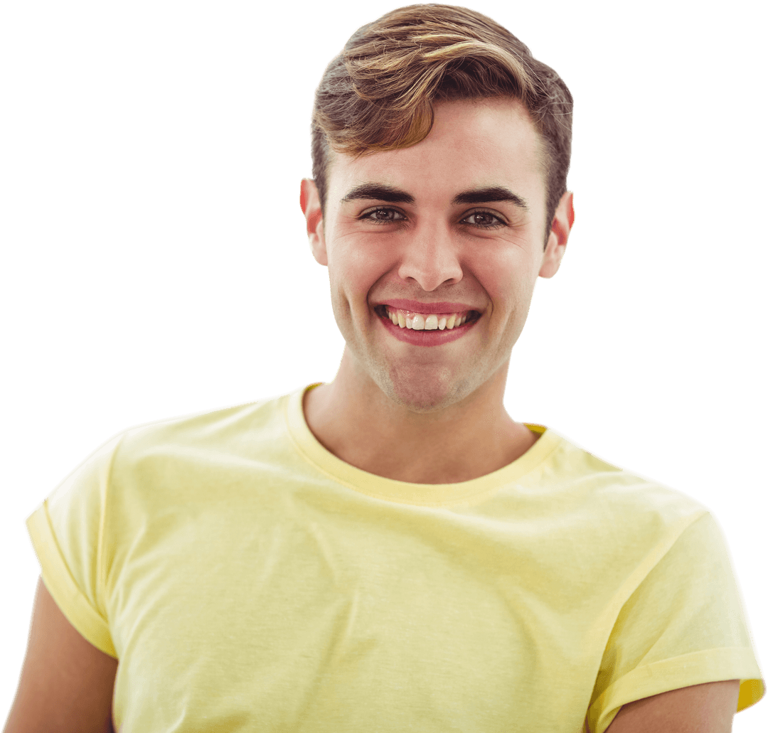 Transparent Background Smiling Young Man in Yellow T-Shirt
