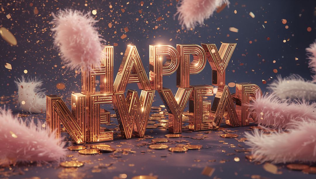 Glowing HAPPY NEW YEAR Metallic Letters with Gold Confetti, Coins, Feathers and Glitter