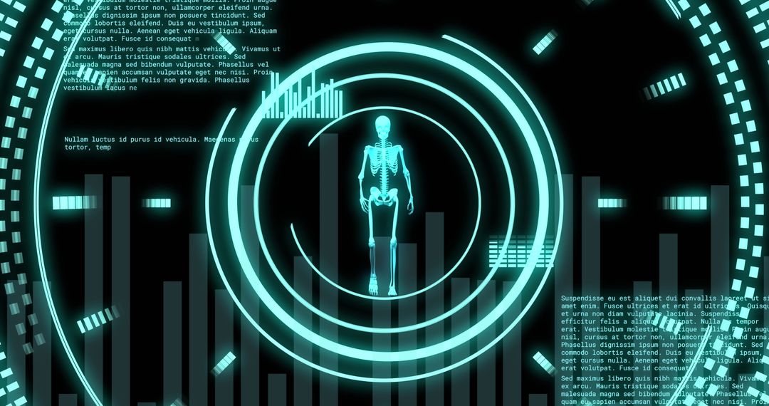Futuristic Digital Interface with Human Skeleton and Data Scanning