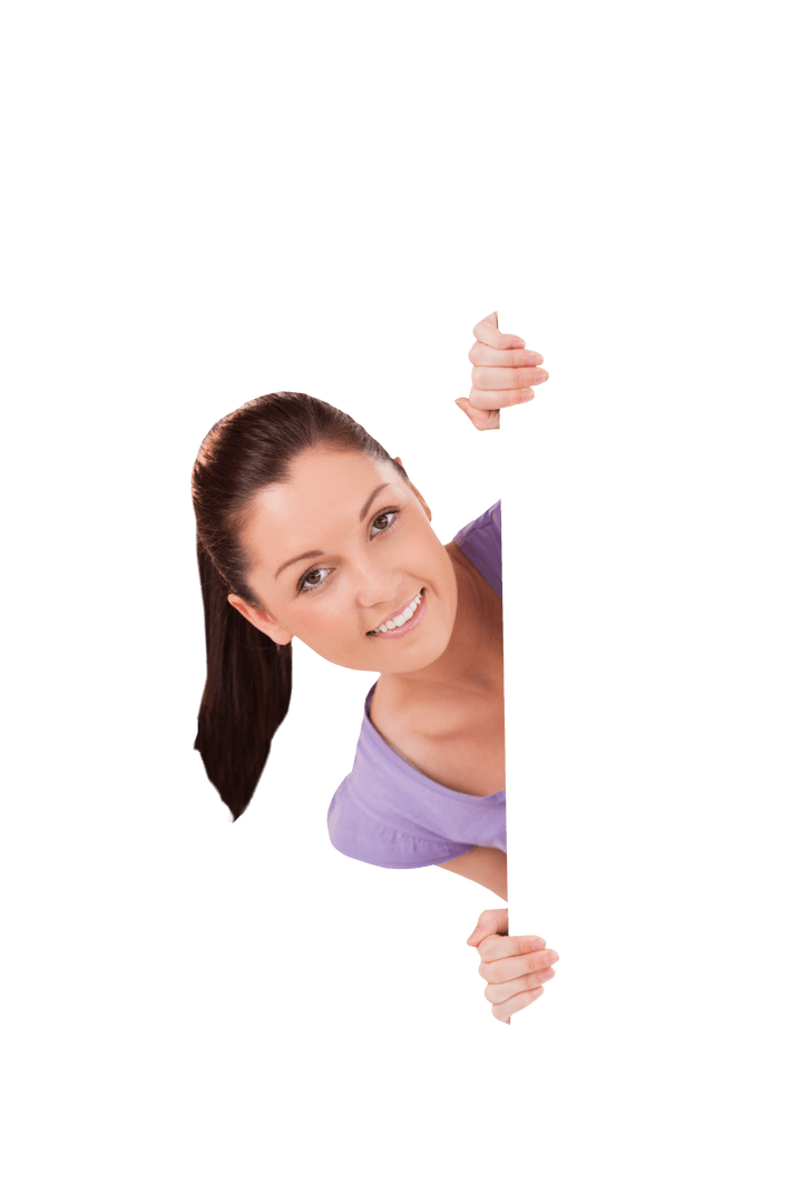 Smiling Brunette Woman Holding Blank Transparent Card