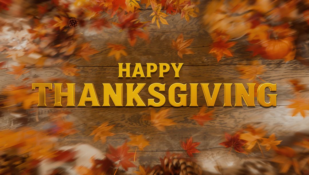 Gold 3D Happy Thanksgiving Text on Rustic Wooden Planks with Motion Blur Autumn Leaves