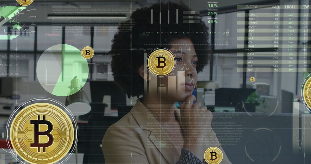 Businesswoman Analyzing Cryptocurrency Data with Digital Bitcoin Overlay