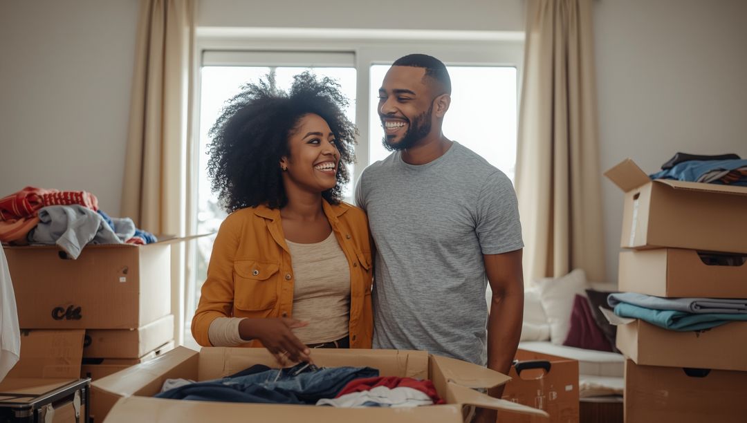Happy Couple Unboxing Moving Boxes in New Home