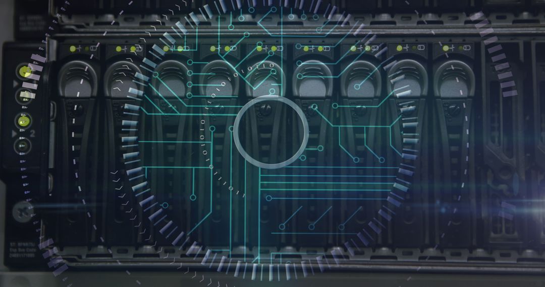 Futuristic Server Rack with Digital Circuitry Overlay